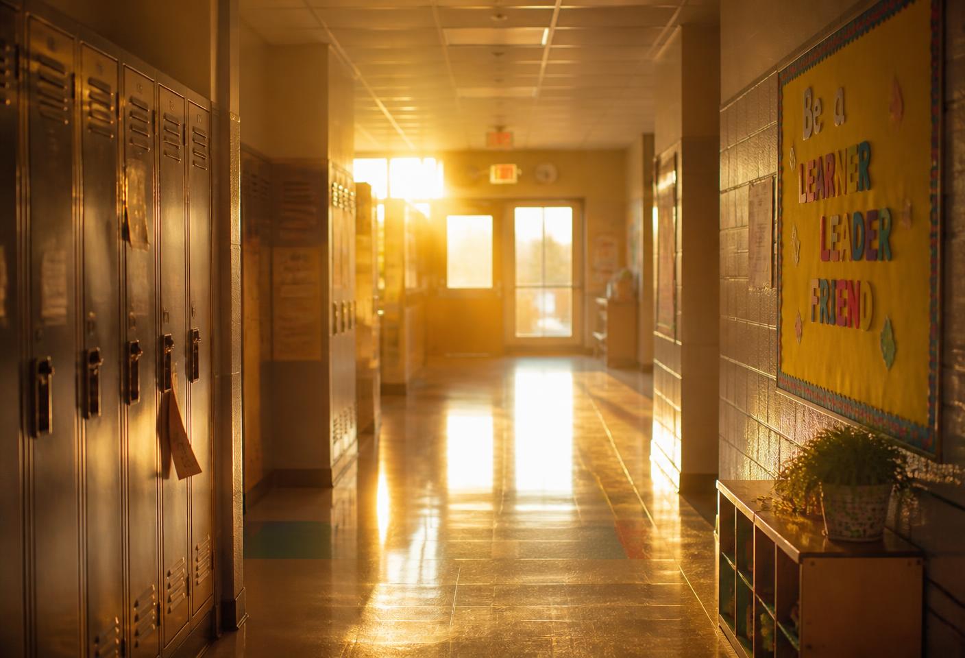 Empty school hallway in early morning light before students arrive