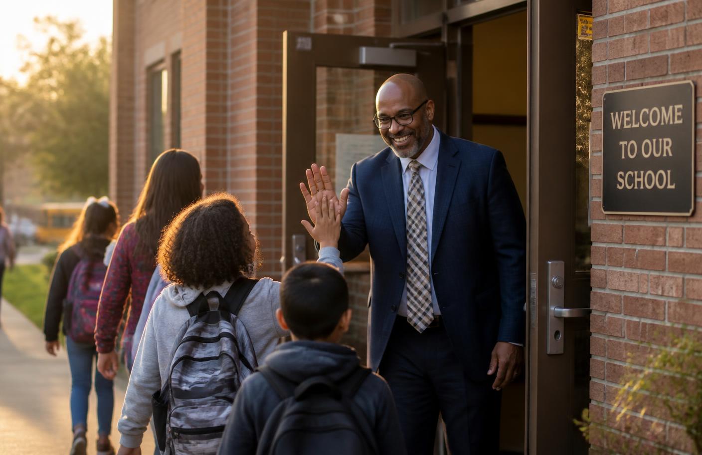 Principal greeting students at the school doors in early morning light